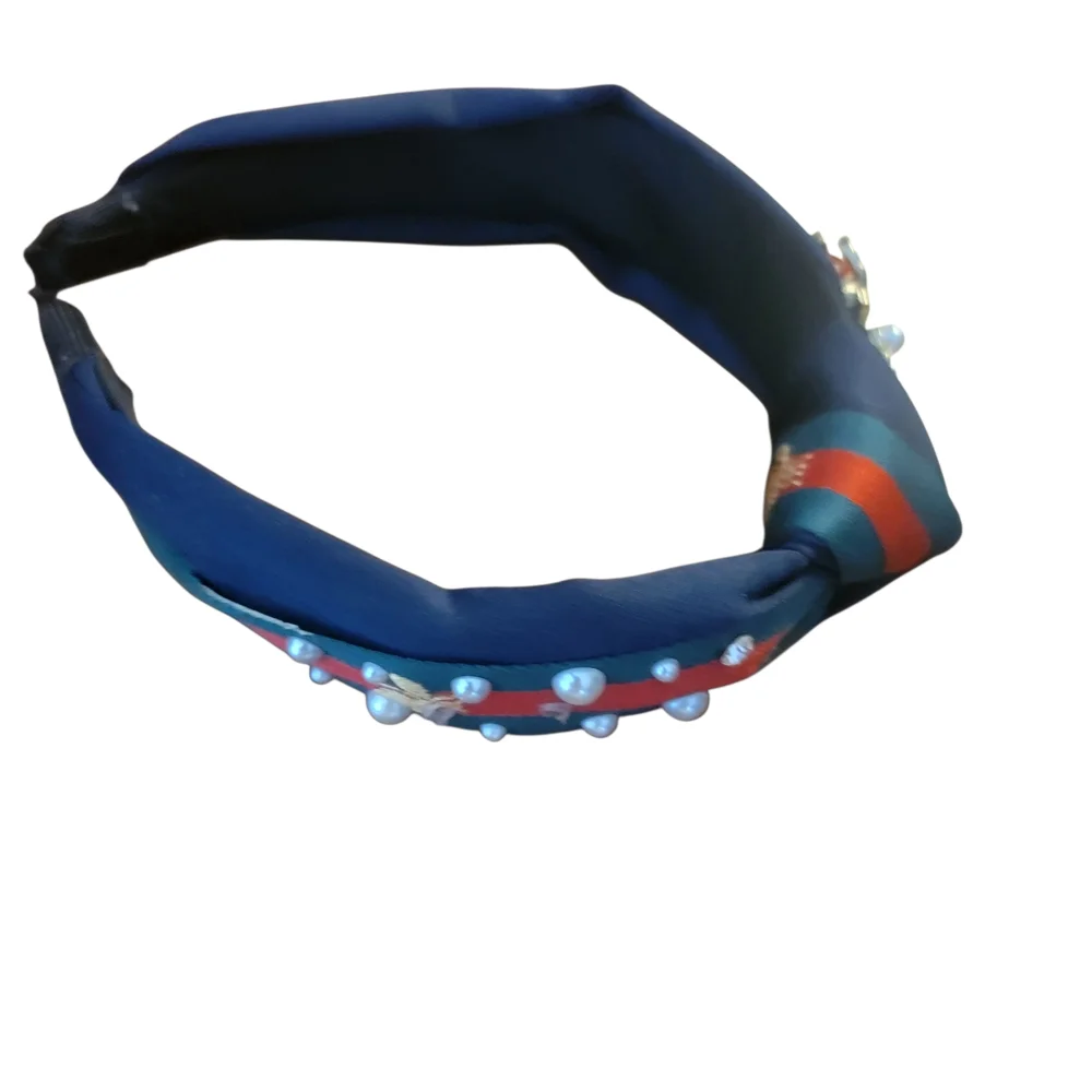 Navy and Red Headband with Pearl Bumblebee Embellishment